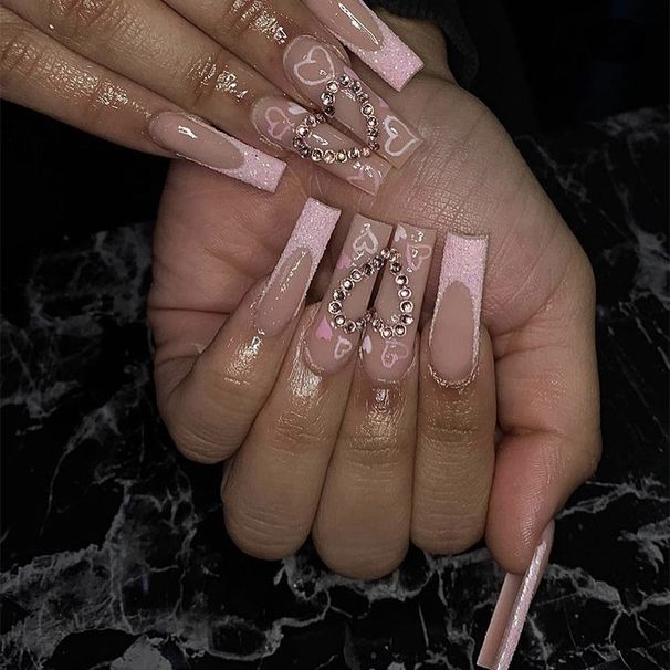 Faux ongles longs à coller en forme de cœur pailleté, style French Tip – Faux ongles glamour avec strass, réutilisables et faciles à appliquer (options colle/autocollant)_voghion.com