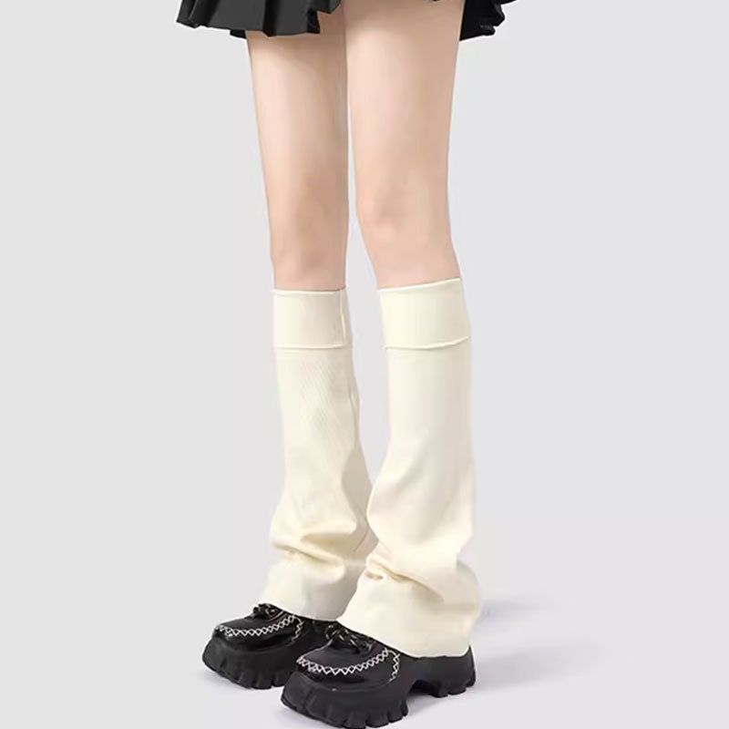 Calentadores de piernas estilo Y2K, calcetines de punto con forro polar estilo milenario, calcetines JK coreanos de media caña, calentadores de piernas de colores lisos para otoño e invierno, para mujer_voghion.com