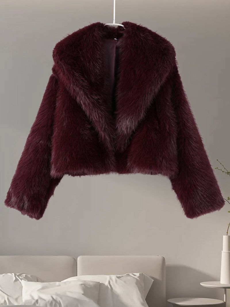 Cappotto in pelliccia sintetica di lusso per donna - Elegante giacca corta con collo a sciarpa, caldo capospalla invernale in vino scuro e marrone caffè_voghion.com