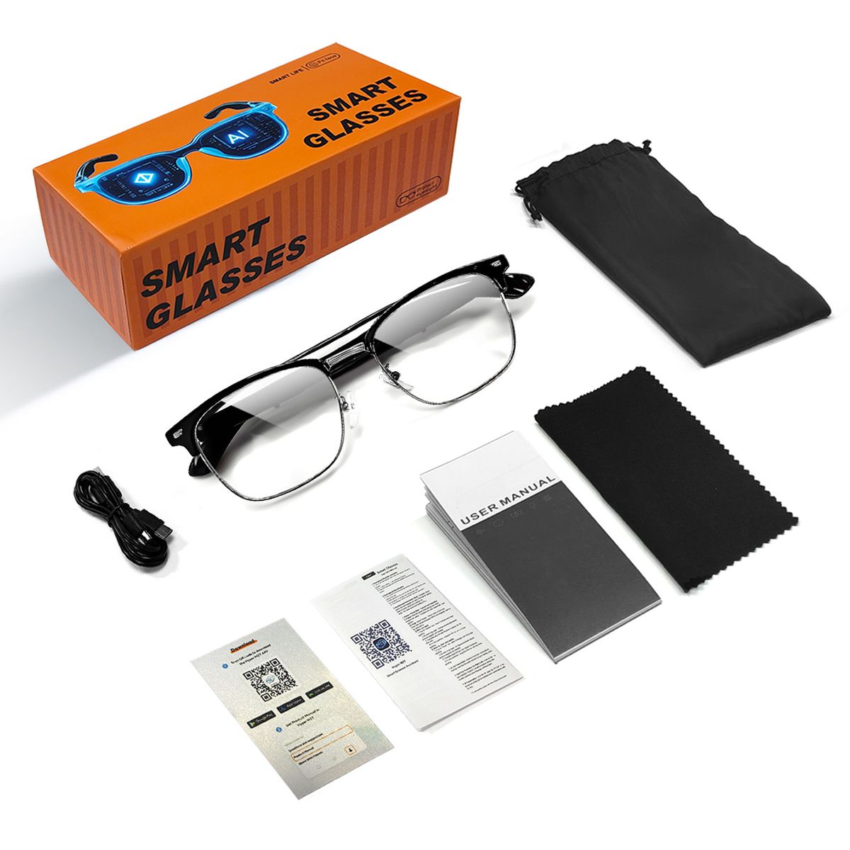 AI Smart Glasses – Real-Time Translation, Bluetooth 5.0, Touch Control, Ultra-Light 35g (Silver Frame, Blue Light Filtering)_voghion.com