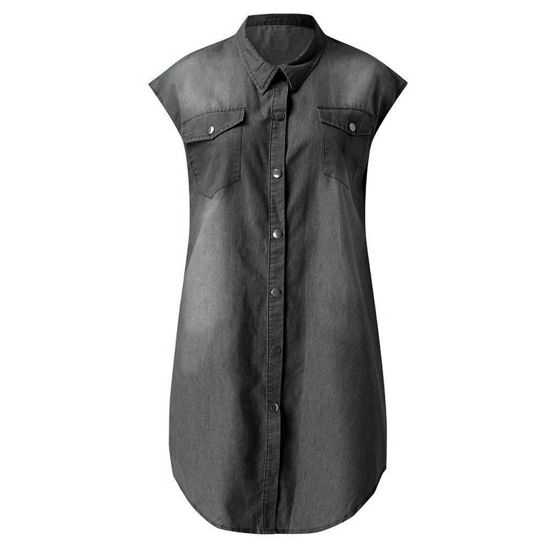 Damen 2023 Cross-Border-Speed-Sommer-Neuheits-Jeanskleid mit offener Brusttasche und Knopfleiste und kurzen Ärmeln_voghion.com