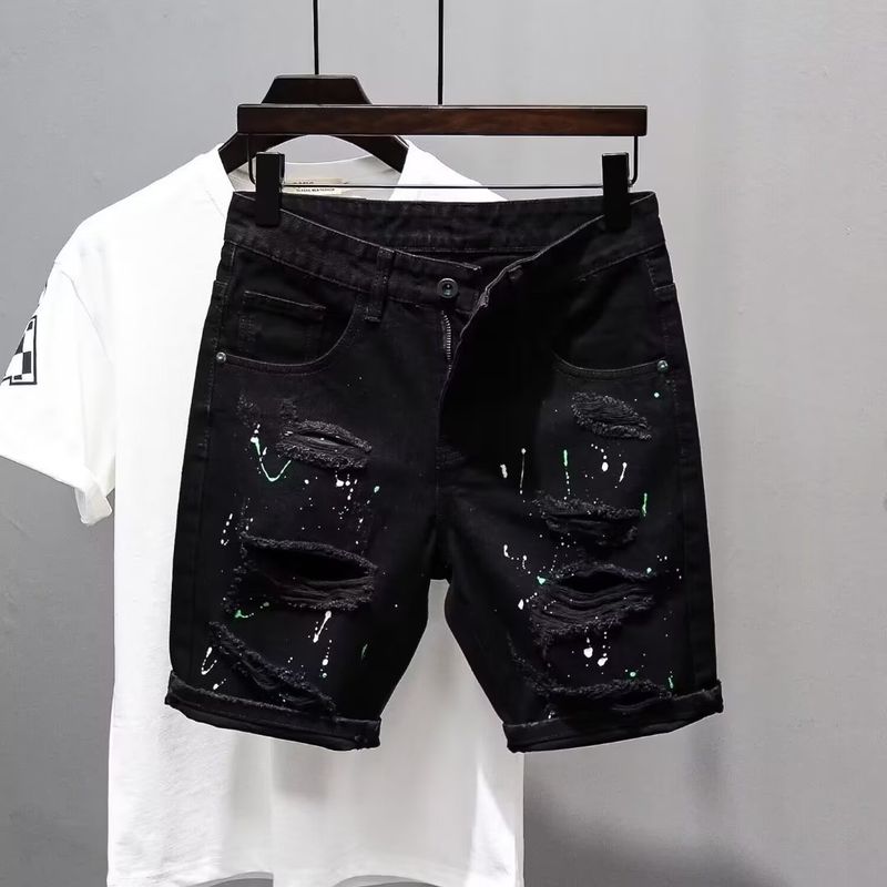 Trendiga pojkars personliga tiggares trasiga delade byxor 2024 Sommar mångsidig slim fit och stiliga svarta jeansshorts_voghion.com