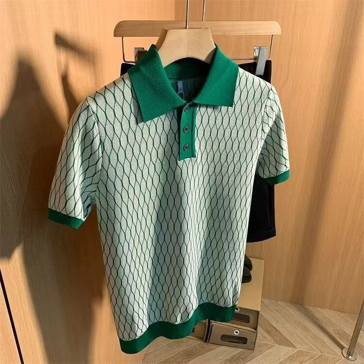 Herrenbekleidung Dünnes Eisseide Herren High-End-Gittermuster Kontrastfarbe Kurzarm-T-Shirt_voghion.com