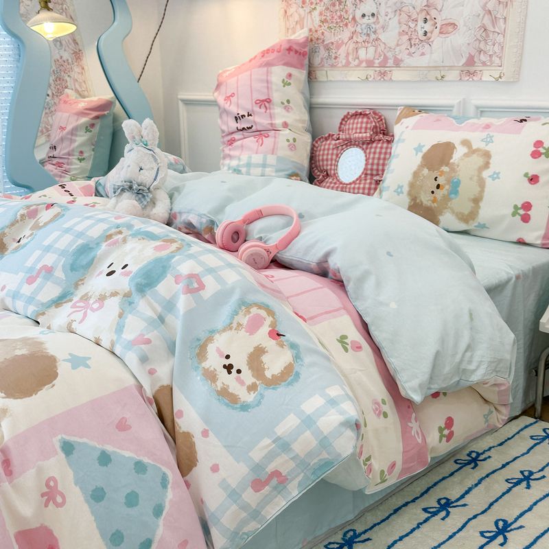 Set di tre pezzi per letto singolo con lenzuola e copripiumino in puro cotone 100% a forma di cucciolo, per dormitorio studentesco._voghion.com