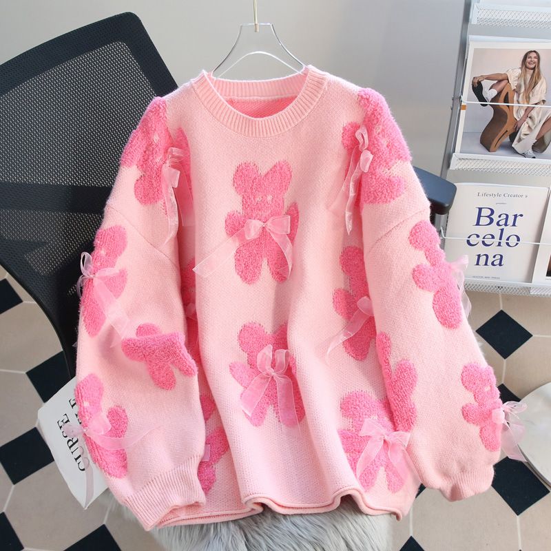 Women's Clothing lazy style sweater women's autumn and winter new bear bow pullover sweater loose sweet style top_voghion.com