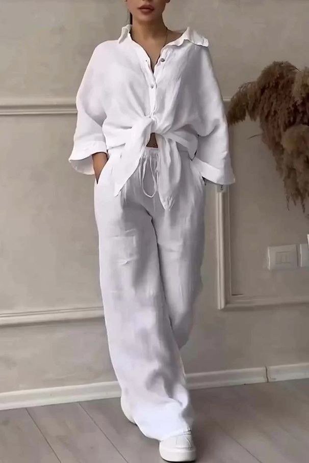 Γυναικεία Ρούχα 2 τεμαχίων Plus Size Πουκάμισο Κοστούμι από Βαμβάκι και Λινό με Ψηλόμεσο Παντελόνι και Ριχτό Φαρδιά_voghion.com