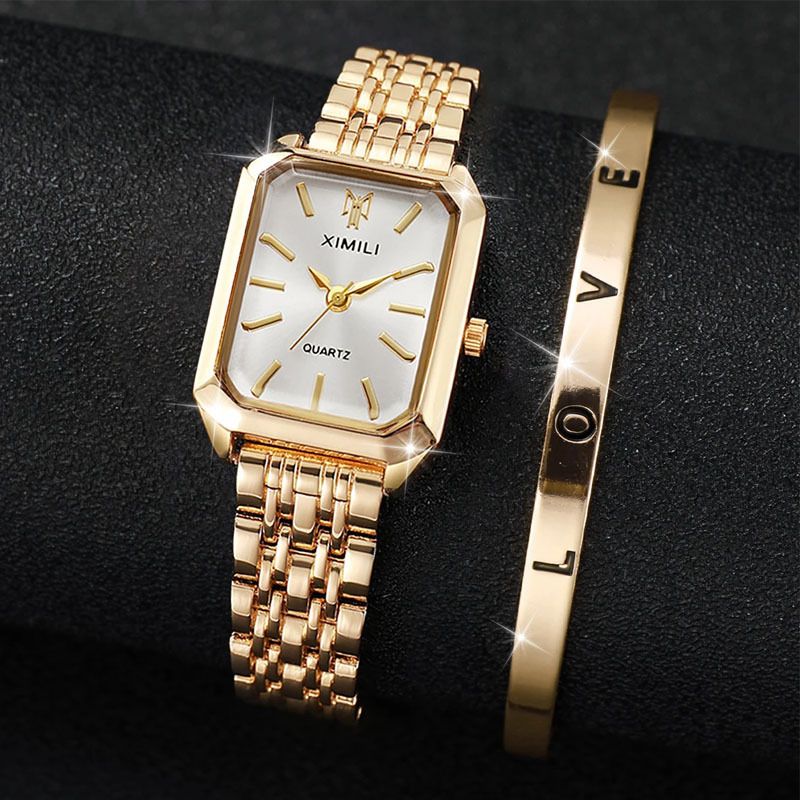 2PCS Luxury Women's Watches Fashion Gold Steel Ring Ladies Exquisite Quartz Watch Open Cuff Bracelet Set_voghion.com