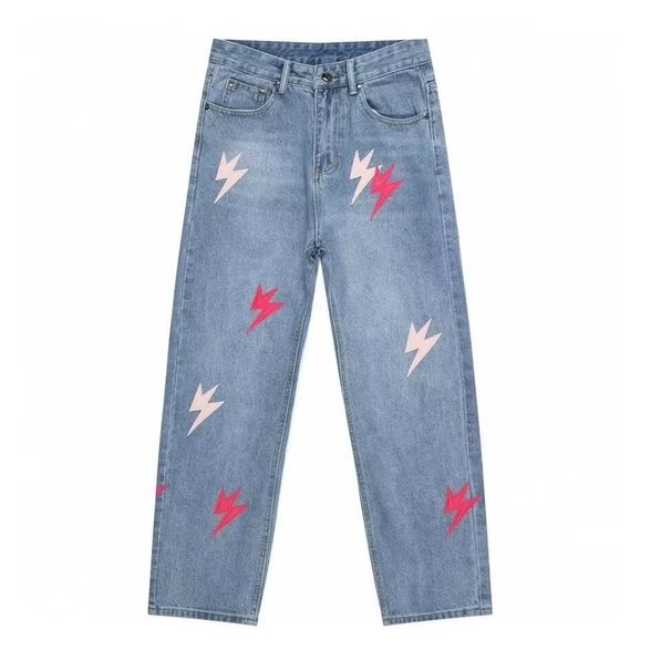 Sommer Neue gewaschene Jeans im amerikanischen Stil mit Aufdruck für Männer mit lockerem Nischendesign und gerader Hose_voghion.com