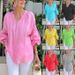 Vêtements pour femmes printemps et été décontractés col en V couleur unie coton et lin hauts à manches longues_voghion.com