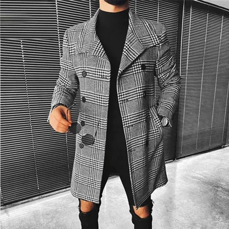 Men's Fur Faux Fashion Coat Autumn Winter New Plaid Double Breasted Lapel Mid-long Chic Wool Blends T221007_voghion.com
