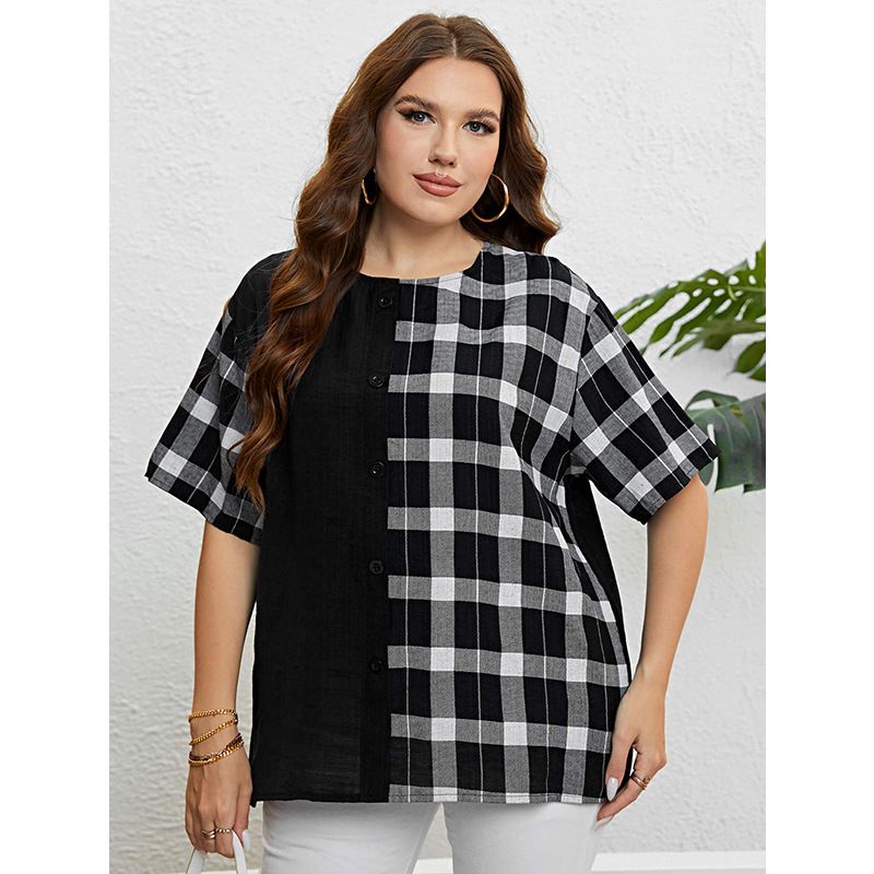Women's summer green round neck plaid loose casual top_voghion.com