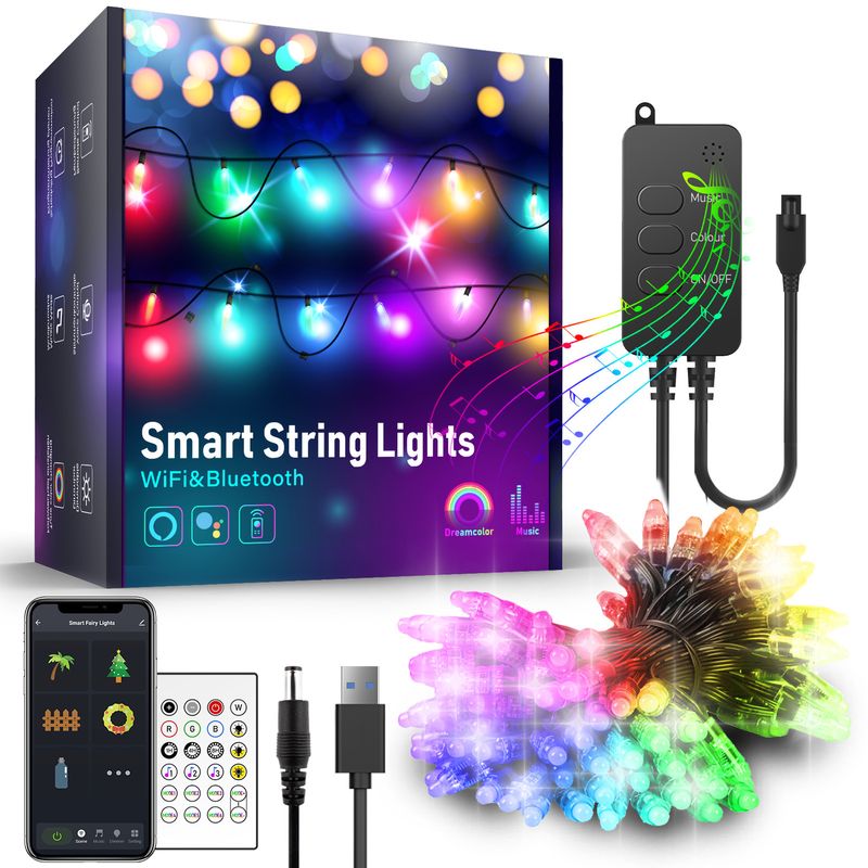 Kućni namještaj Tuya Tuya pametna svjetlosna žica Wifi Bluetooth dvostruki način rada točkasta kontrola velike čestice kožna linija vanjska IP65 božićna svjetlosna žica_voghion.com