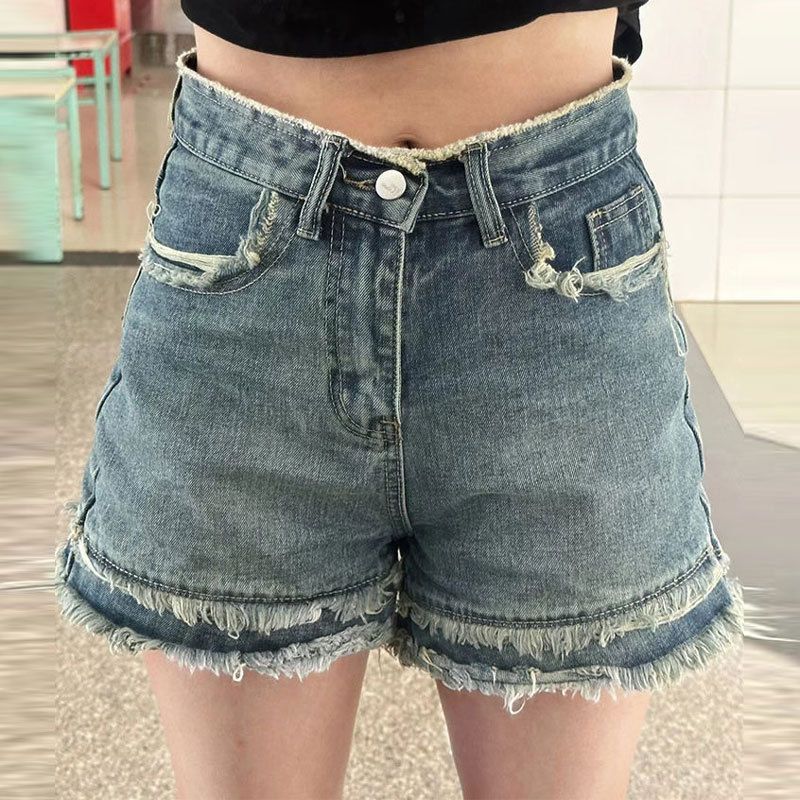 Pantaloncini in denim robusti, stile Instagram estivo sottile e popolare da donna, gamba larga dritta a vita alta di nicchia calda_voghion.com