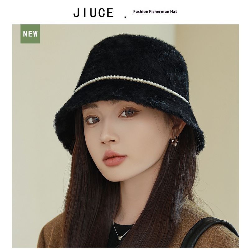 New Autumn And Winter Style Small Fragrant Pearl Mink Fur Flat Top Fisherman Hat With Feminine Temperament Warm Basin Hat Bucket Hat_voghion.com