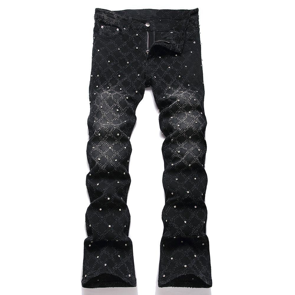 Men's Crystal Boot Cut Jeans Punk Black Stretch Denim Pants Rivet Slim Flared Trousers Fashionable Bootcut Trousers_voghion.com