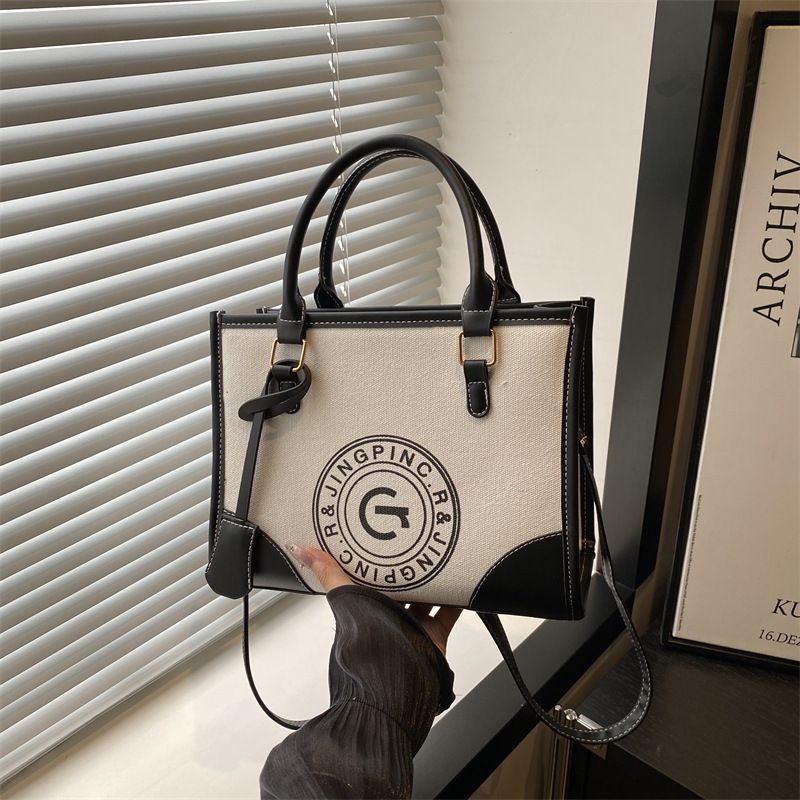 Vintage Canvas Tote Bag Large Capacity Shoulder Bag With Printed Letters, Color Blocking & Zipper Closure, Stylish & Spacious For Daily Use_voghion.com