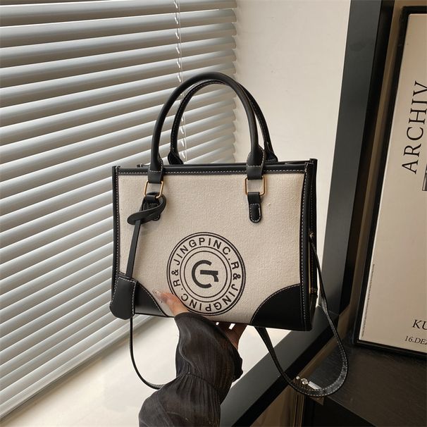 Vintage Canvas Tote Bag Large Capacity Shoulder Bag With Printed Letters, Color Blocking & Zipper Closure, Stylish & Spacious For Daily Use_voghion.com