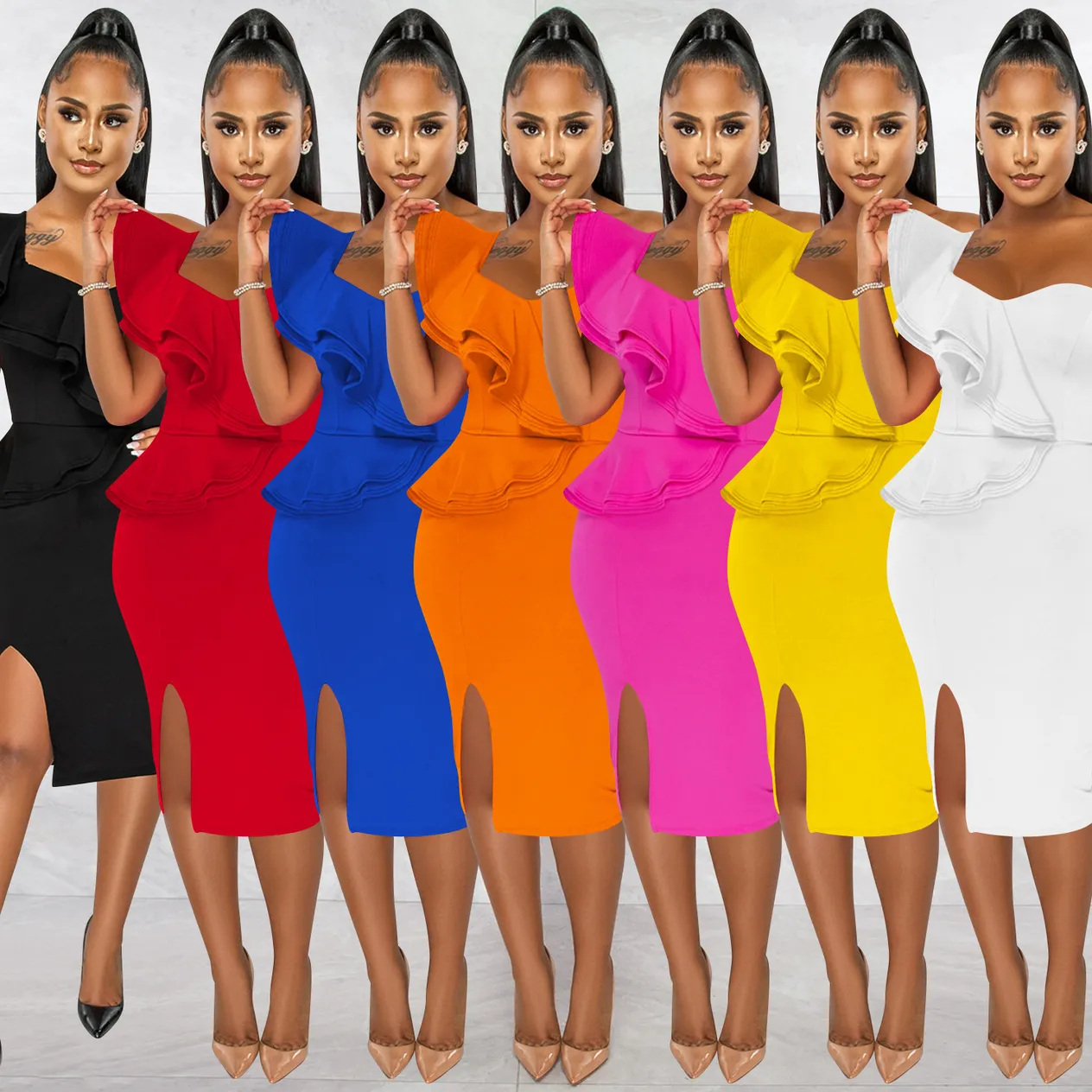 Women's Clothing fashion casual ruffled slit one shoulder sleeve dress women's clothing_voghion.com