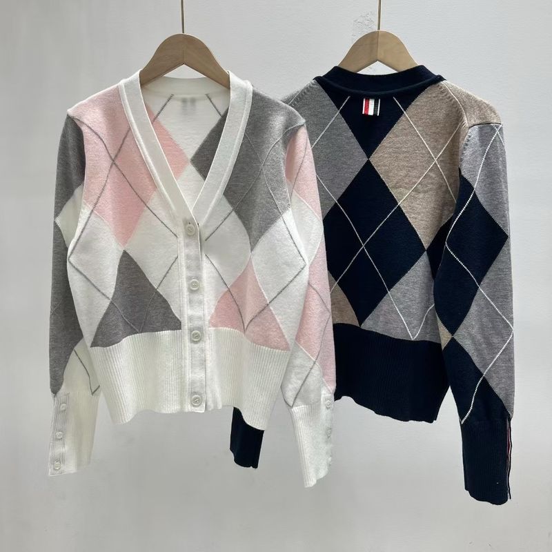 Herbst New College Style TB Gesteppter Farbblock Strickpullover Cardigan V-Ausschnitt Langarm Schlankheitsoberteil_voghion.com