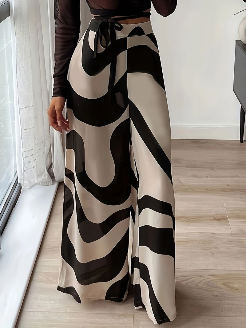 Vêtements pour femmes Bord de mer Voyage Loisirs Rayé Imprimé Drapé Pantalon à jambe large Montrer la longueur de la jambe_voghion.com