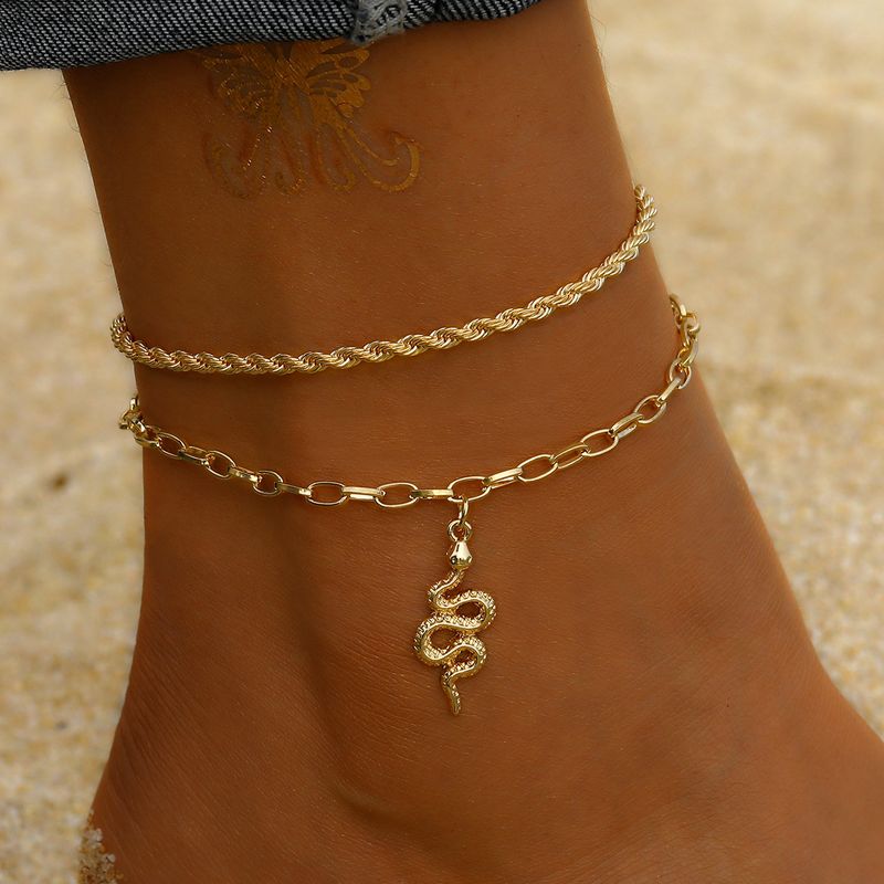 Neues mehrschichtiges Fußkettchen-Set mit Sternherz für Damen, einzigartiger stapelbarer Fußschmuck in Schlangenform_voghion.com