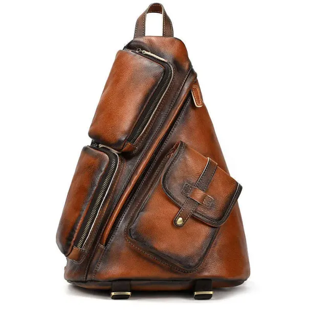 New Handcrafted Color-Washed Genuine Leather Backpack Multi-Functional Crossbody Top Layer Cowhide Large Capacity Chest_voghion.com