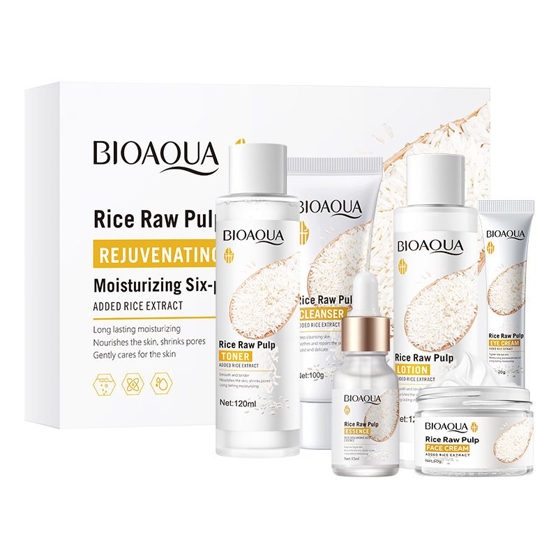Set completo per la cura della pelle con siero di riso BIOAOUA, crema detergente e idratante_voghion.com
