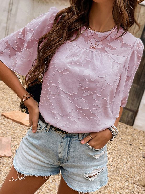 Skjorta Flare Sleeve Lös Chiffong Chiffong med ihåliga blommor för kvinnor_voghion.com