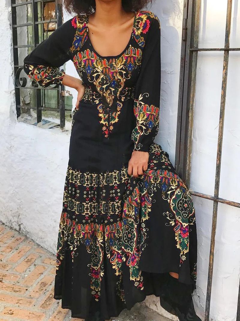 Langes Kleid für Frühling und Herbst, bedruckter Pullover mit U-Ausschnitt, langärmeliges Kuchenkleid_voghion.com
