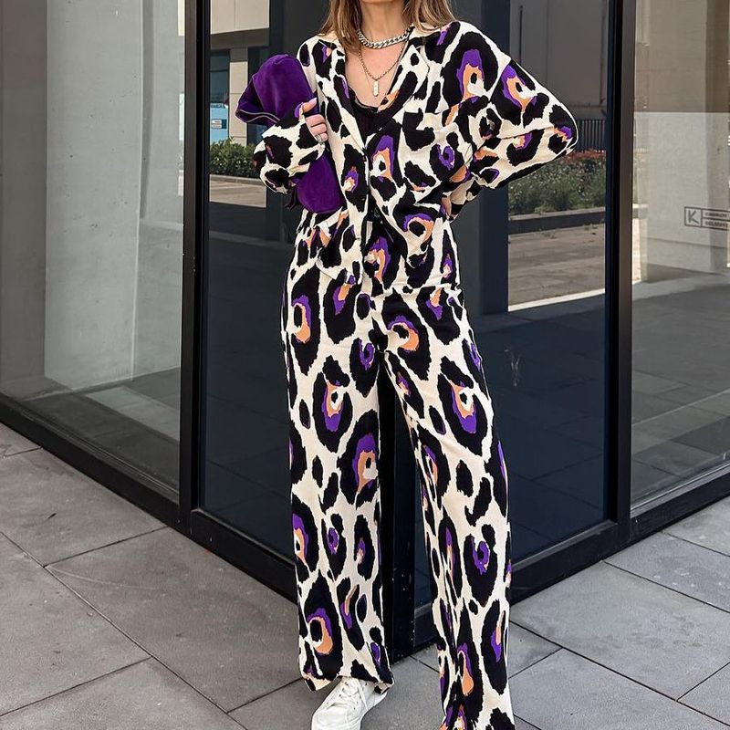 Abito casual alla moda, colletto stampato, top corto a maniche lunghe, completo di pantaloni a gamba larga a vita alta, set a due pezzi_voghion.com
