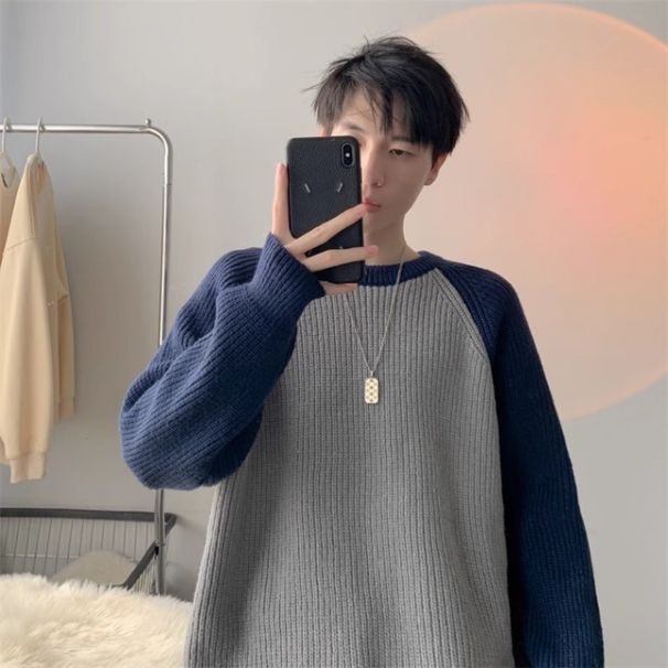 Color blocked round neck sweater for men, autumn and winter new style, loose and niche, inner layer, base knit sweater_voghion.com