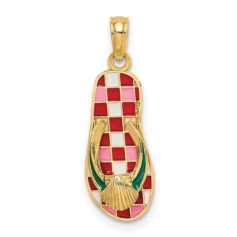 14K 3D Enamel Shell On Red Checkered Flip-Flop Charm_voghion.com