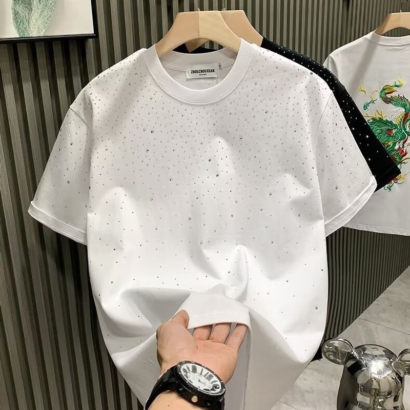 Fashion Trend Marke Luxus Herren T-Shirt Kurzarm Star Strass Internet Celebrity Nische Halbarm T-Shirt Weiß Schwarz_voghion.com