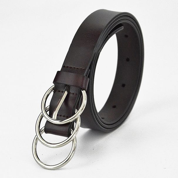 New Punk Women's Casual Fashion Simple Three Button Circular Ring Two Layer Cowhide Belt_voghion.com
