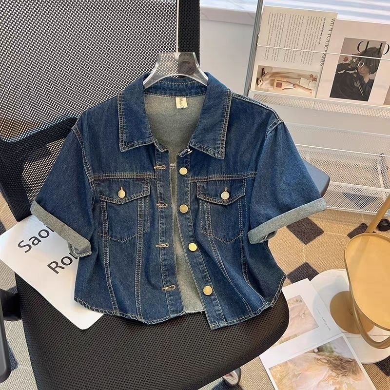 Kurzärmelige Jeanshemdjacke für Damen im Sommer, dünn, neu, klein, lässig, locker, kurze Oberteile_voghion.com