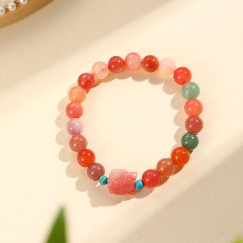 Armband für Frauen Originaldesign im chinesischen Stil Duobao Retro Licht Luxus zieht Pfirsichblüte Neunschwänziger Fuchs Achat Bonbonfarbe Armband an_voghion.com