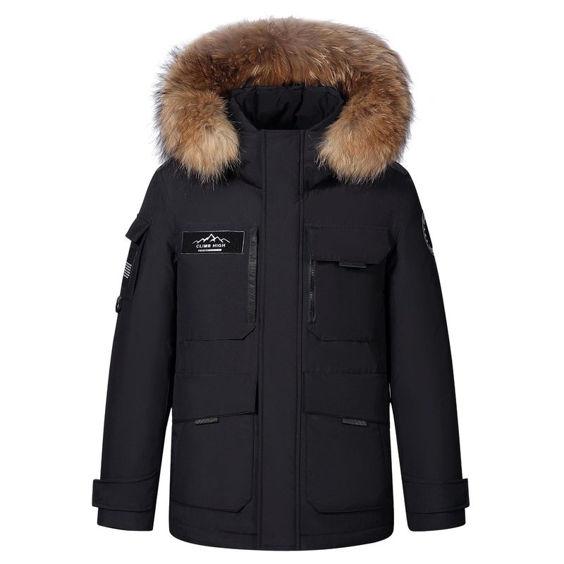 Piumino corto invernale da uomo con cappuccio, bordo in pelliccia di procione, tasche magnetiche – Antivento e protezione dal freddo estremo (bianco crema)_voghion.com
