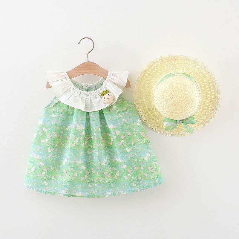 Baby-Baumwollkleid für Mädchen mit Rüschenkragen, Kaninchen-Blumenmuster, grünes Kleid für Kinder, mit Hut_voghion.com