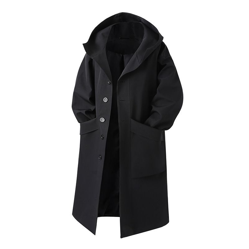 Langer Trenchcoat mit Kapuze für Herren – einreihiger, übergroßer Regenmantel, leichter Windbreaker aus Polyester für den Herbst (M-3XL, Schwarz/Khaki)_voghion.com