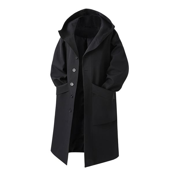 Langer Trenchcoat mit Kapuze für Herren – einreihiger, übergroßer Regenmantel, leichter Windbreaker aus Polyester für den Herbst (M-3XL, Schwarz/Khaki)_voghion.com