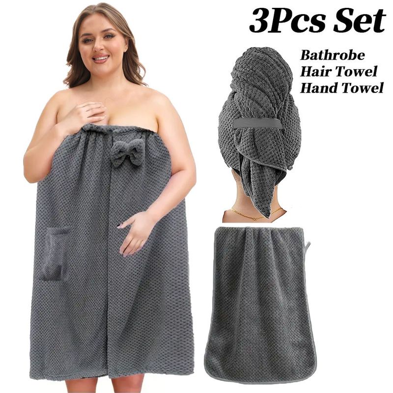 Pineapple Check Bathrobe Set - 3 Pieces, Including Bathrobe, Towel & Hair Dry Cap, Soft & Absorbent, Plus Size For Women, Can Be Worn Or Wrapped_voghion.com