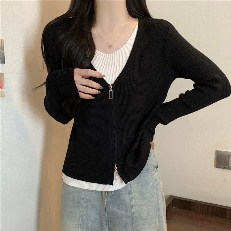 【 Cashmere Family 】 Temperament Knitted   Two piece Top Women's Slimming Thin Long Sleeve Wool Base Sweater_voghion.com