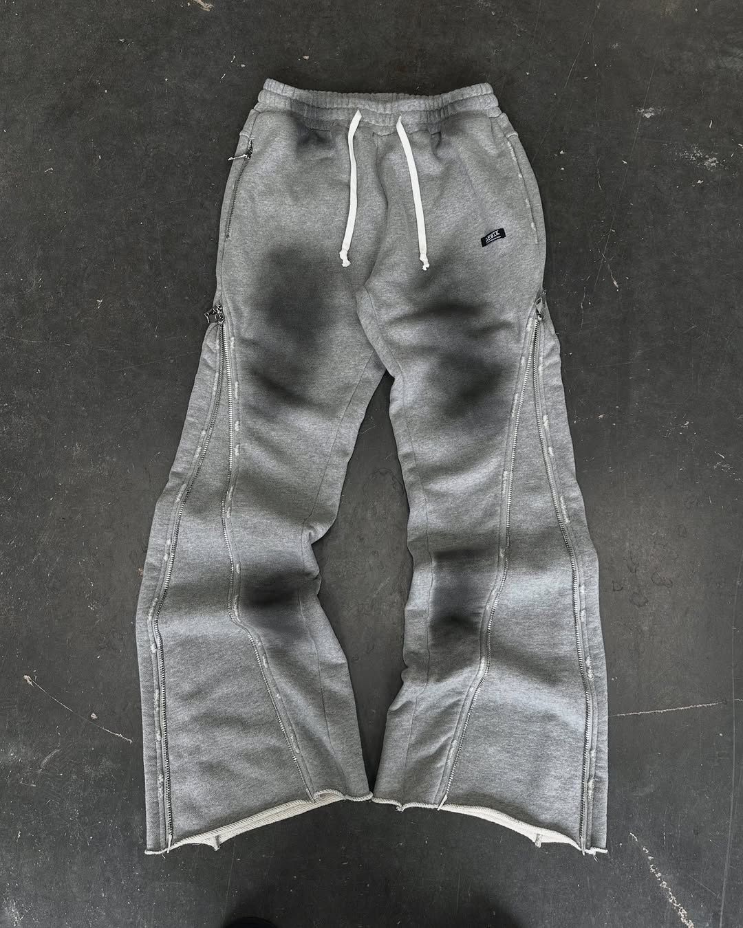 Herrenbekleidung, Unisex, Distressed-Strickhose, Reißverschlussdetails, Streetwear, Vintage, hoch taillierte, gerade geschnittene Baumwollhose für Damen (Grau, Dunkelgrau, Schwarz)_voghion.com