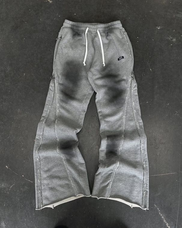 Herrenbekleidung, Unisex, Distressed-Strickhose, Reißverschlussdetails, Streetwear, Vintage, hoch taillierte, gerade geschnittene Baumwollhose für Damen (Grau, Dunkelgrau, Schwarz)_voghion.com