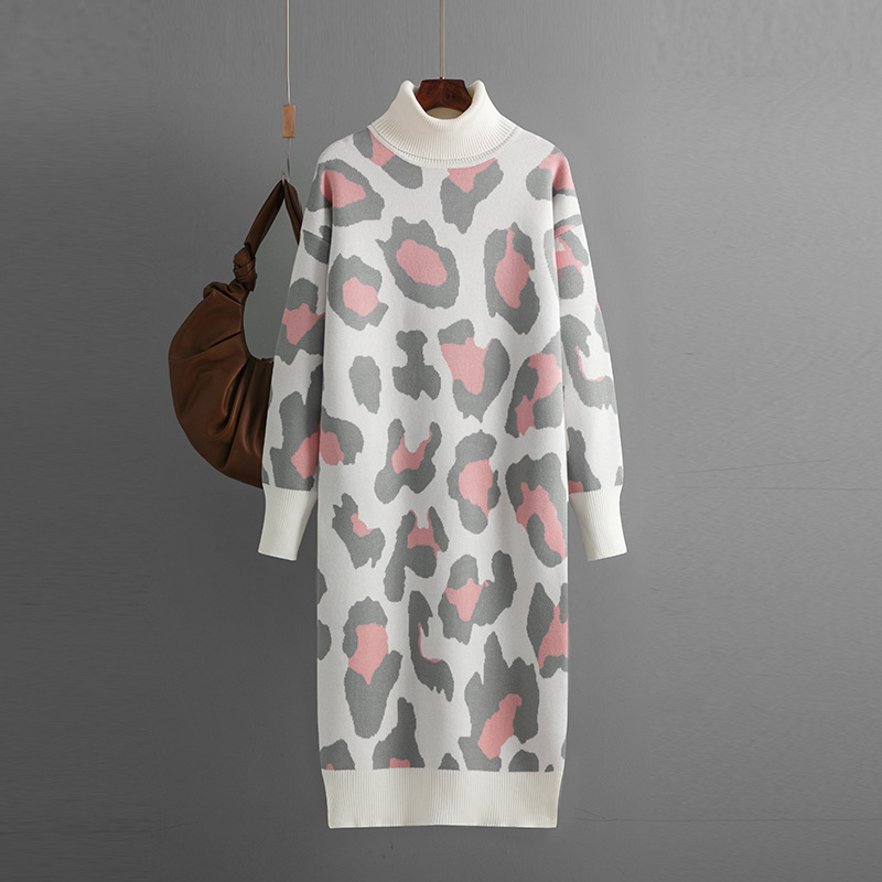 Vêtements pour femmes automne et hiver nouvelle jupe tricotée à col haut mode imprimé léopard longue robe femmes_voghion.com