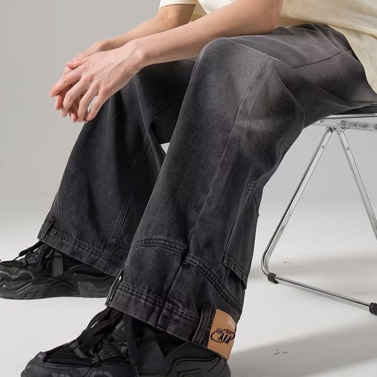 Hose im Reverse-Wear-Design, weites Bein, amerikanischer Denim (Version ist zu lang, es wird empfohlen, eine Nummer kleiner zu wählen), Blau ist ein allmählicher Farbwechsel_voghion.com