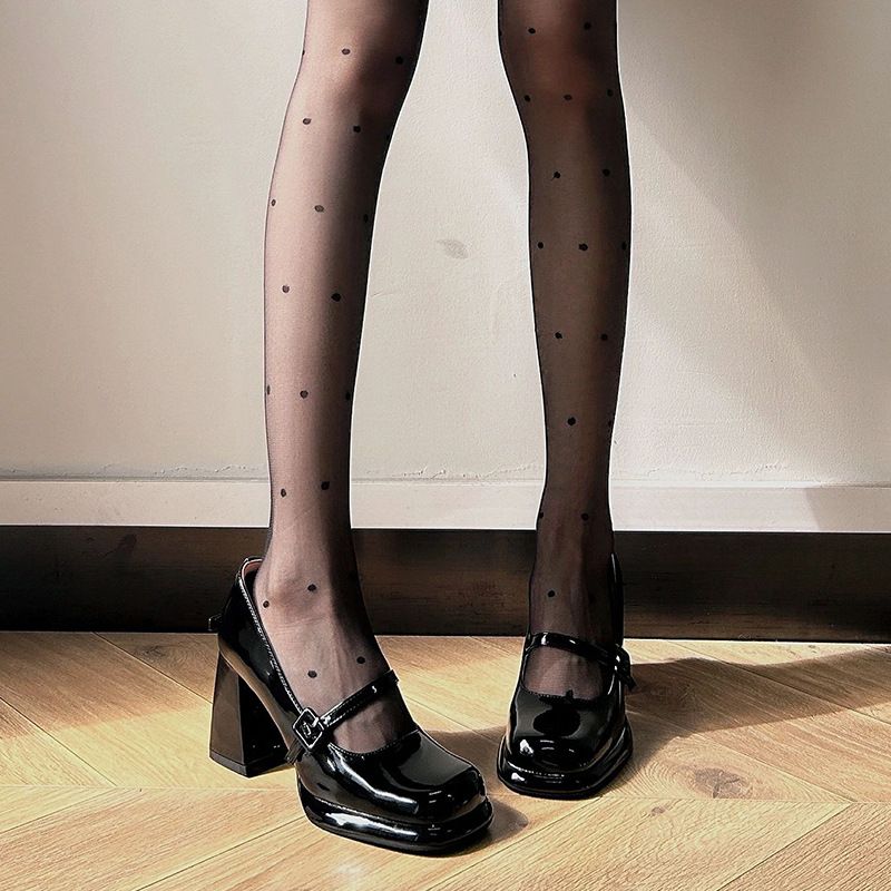 Leg-Lengthening French Mary Jane Shoes Soft New New Square Toe One-Strap Patent Leather Chunky Heel High Heels_voghion.com