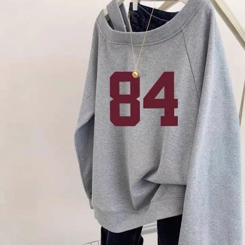 Grey American Off Shoulder Hooded Sweatshirt For Women In Early Spring And Autumn 2024 New Lazy Thin Long Sleeved Top_voghion.com