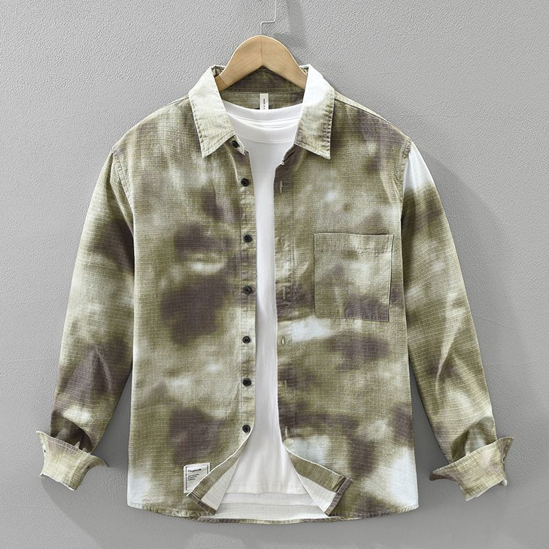 Camicia a maniche lunghe alla moda con effetto tie-dye per uomo, alla moda e versatile, top ampio e casual._voghion.com