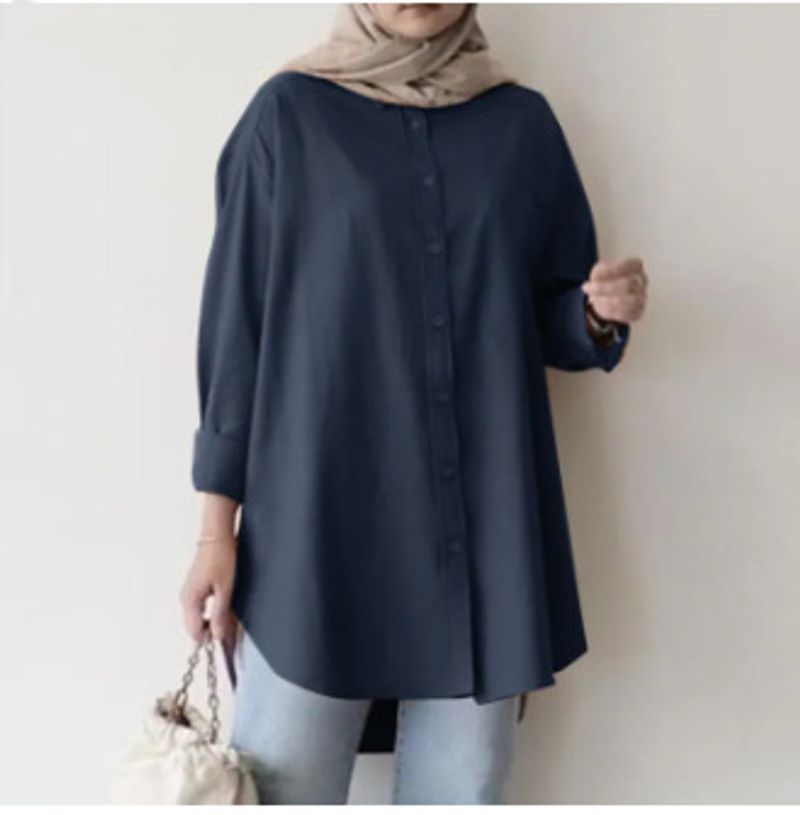 Women's Large Size Casual Simple Buttoned Shirt Loose Solid Color Long Sleeve Shirt_voghion.com